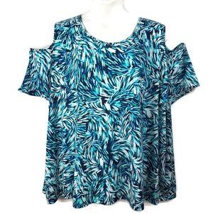 Catherines 5X 34 36 Blue Green Print Cold Shoulder Short Sleeve Knit Tunic Top
